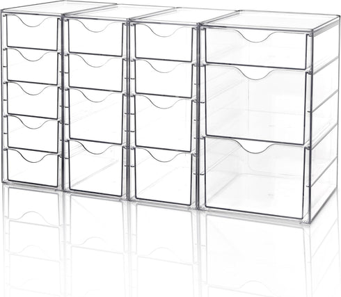 Vtopmart Acrylic Organizer with 16 Drawers, 4 Set Clear Makeup Organizer, Dustproof Storage for Office Supplies