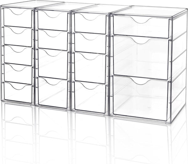 Vtopmart Acrylic Organizer with 16 Drawers, 4 Set Clear Makeup Organizer, Dustproof Storage for Office Supplies