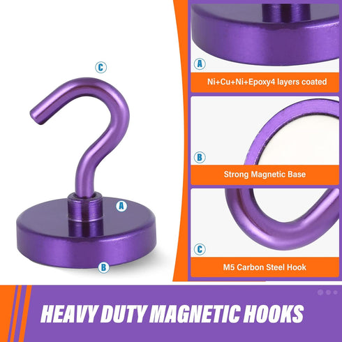 Neosmuk 6 Pack Heavy Duty Magnetic Hooks, Strong Neodymium Industrial Hooks for Fridge, Toolbox, Grill (Purple)