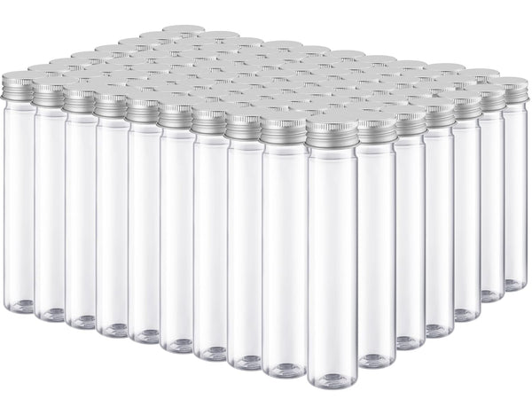 Dandat 80 Pcs 65ml Clear Flat Plastic Test Tubes with Screw Caps for Sample Testing and Party Favors