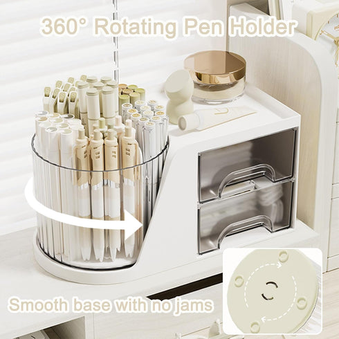 SAYEEC Rotating Desk Organizer with 2 Drawers, 6 Slots Multi-Functional Pencil Pen Holder for Office School Home (White)