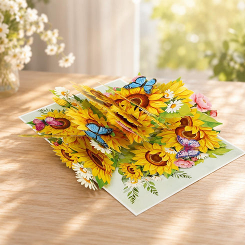ETApopupcard 3D F64 Sunflower Pop Up Card Bright Floral Bouquet Greeting Card with Butterflies | Handmade Thank You