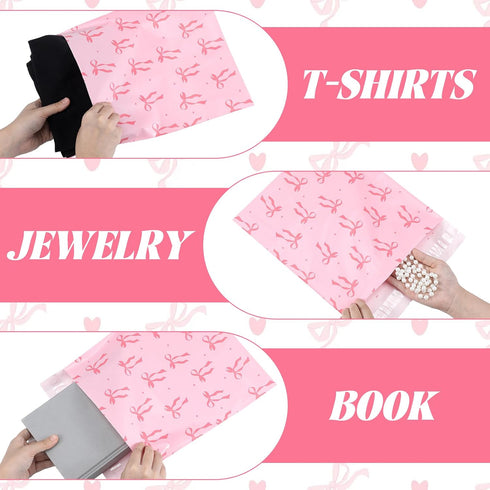 Maasechs 200 Pack 10x13 Set Set Pink Bow Poly Mailers Waterproof Self Adhesive Cute Shipping Bags with Thank Cards