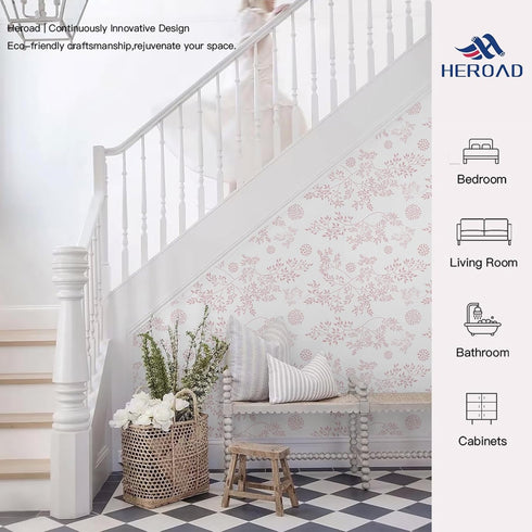 17.3"x393" Heroad Boho Peel and Stick Wallpaper Pink Floral Contact Paper Leaf Wall Paper Removable Self Adhesive