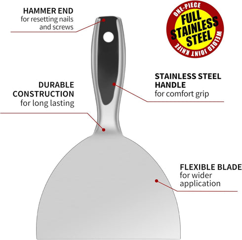 Putty Knife 6 Inch,One Piece Premium Polished All-Stainless Steel Scraper Tool for Drywall Finishing,Professional Grade Putty Blade for Scraping Paint, Taping by SUMED