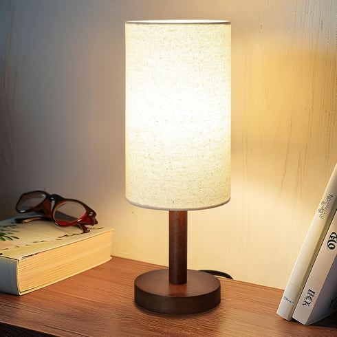 Bulb Wood2) LALISU Small Table Lamp Nightstand Lamp Linen Lampshade Bedroom Wood Base Small Bedside Lamp for Night