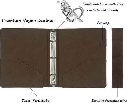 Mini 3 Ring Leather Binder - 5.5 x 8.5 with Clipboard, Vintage Hardback 1 Inch Binder, Portfolio with Notepad