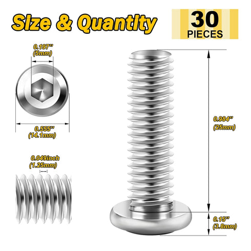 30Pcs M8 Bolts M8 x 25mm Flat Head Hex Socket Cap Screws, 304 Stainless Steel Furniture Screws by Mywish