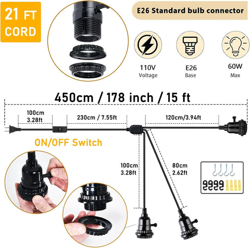 3-Light 21FT E26 DITEDY Plug in Pendant Light Kit, Hanging Lights with Plug in Cord Hanging Lamp Cord with On/Off