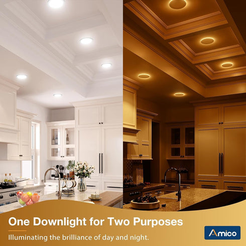 2 Pack 6 Inch 5CCT 2700K/3000K/3500K/4000K/5000K 12W=110W, 1100LM, Dimmable Amico LED Recessed Ceiling Light with Night