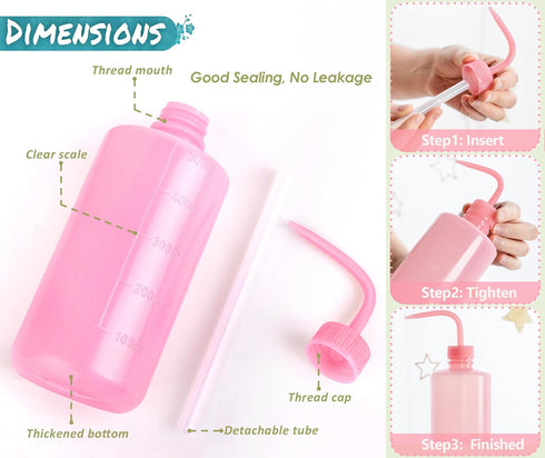 Melphoe 3Pcs 500ml Tattoo Wash Bottle Squeeze, Plastic Squeeze Medical Lab Washing Bottle, Pink