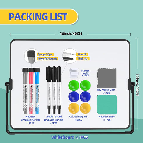 Dry Erase White Board - 12" x 16" Magnetic Desktop Easel with 6 Markers, 6 Magnets, 1 Eraser for Office