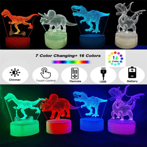 QAQWQAQ 3D 4 Dimmable 16 Hologram Dinosaur Night Light, Patterns, Remote/Smart Touch, Color Changing Light, T-Rex