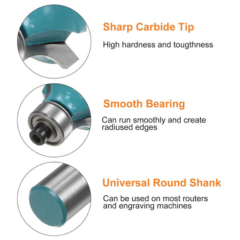 2pcs Roundover Router Bit 1/2 Shank 1/4" Radius Carbide Tipped Edge Rounding Over Bit with Bearing Guide, Cyan