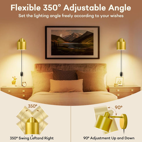 Dimmable 350 Stairway((Bulb Lightess Plug in Wall Sconce with Switch, Wall Lamp Plug in Rotatable, Gold Wall Mounted