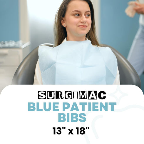 Pack 50 13" 18" SurgiMac Blue Patient Bibs Waterproof Medical Bibs Disposable Dental Bibs Plain Rectangle Napkins Paper