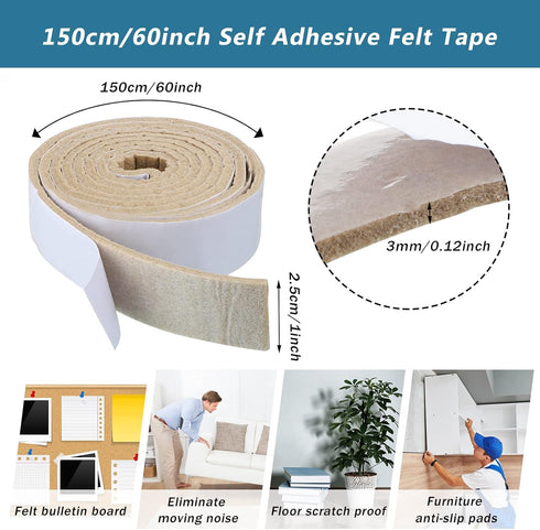 Felt Strips with Adhesive Backing, 2 Packs Non Slip Furniture Pads, Felt Tape for Protecting Hardwood Floors (120 x 1 x