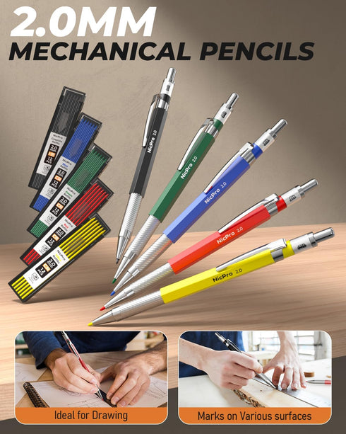 Nicpro 27 Pack Carpenter Pencils - Mechanical Pencil with 100 Refill, Automatic Center Punch, Carpenter Tool
