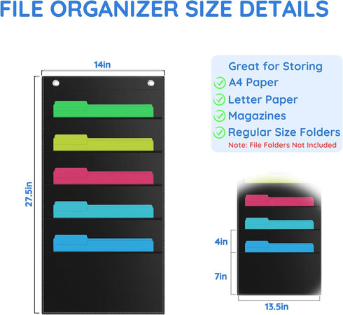 ZKOO 5 Pockets Hanging Wall File Organizer for A4/Legal/Letter Size Documents, Sturdy Black Pocket Chart