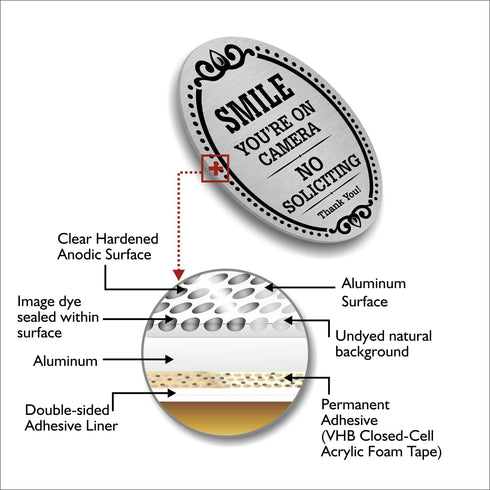 SmartSign Premium No Soliciting Smile You're On Camera Sign, 4" x 5" Aluminum with Adhesive Backing