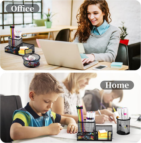 Mesh Pen Holder for Desk, 5 Pieces Desk Organizer Office Supplies Caddy with Sticky Notes Holder for Home, School, Black