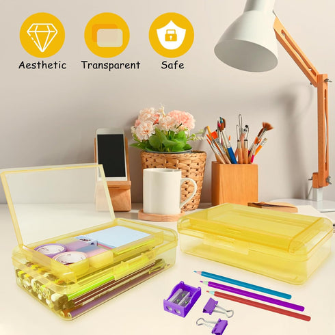 Double Layer Large Capacity Pencil Box, Plastic Translucent Hard Pencil Case with Snap-Tight Lid for School Supplies