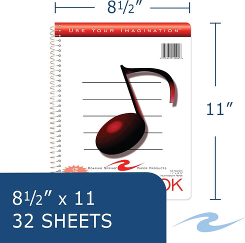 Roaring Spring Music Wire Bound Notebook, 12 Staves of Music Lines, 11" x 8.5", 32 Sheets Heavyweight Smooth White Paper (Pack of 1)