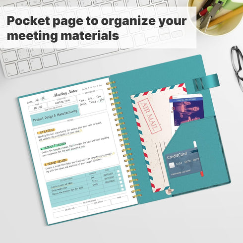 Regolden-Book Meeting Notebook for Work, Project Planner for Note Taking, 160 Pages (7”x10”), Teal