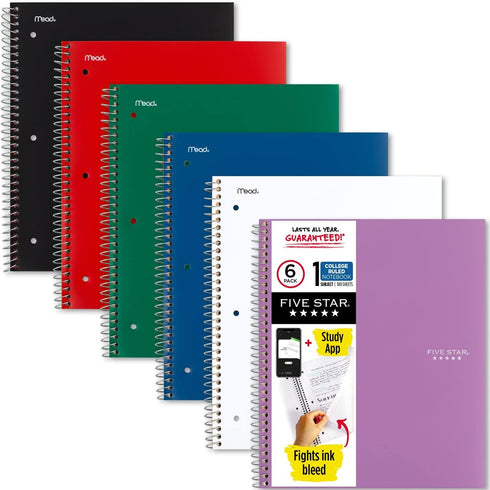 Five Star Spiral Notebook + Study App - 6 Pack, 1 Subject, 100 Sheets, College Ruled, 8-1/2" x 11", Multiple Colors