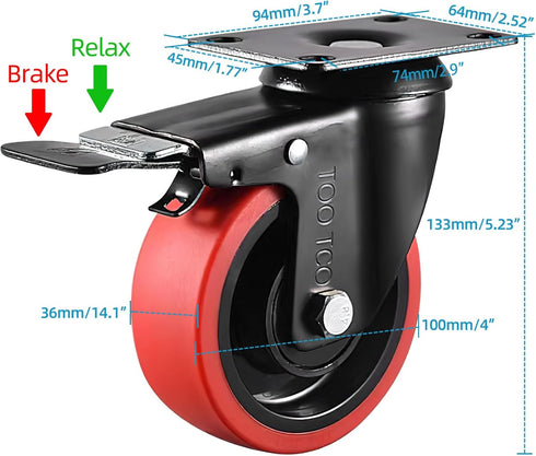 Heavy Duty 4 Inch Caster Wheels Set of 4, 2200Lbs Capacity Silent Swivel with Brake & Rigid TPR Rubber Wheels