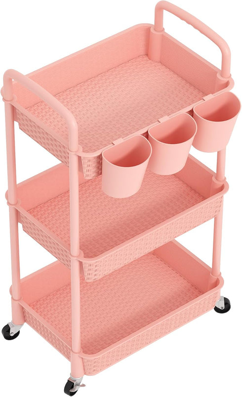MOYIPIN 3-Tier 5 Plastic Rolling Utility Cart with Handle,Utility Storage Cart for Office, Living Room, Kitchen,Movable