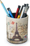 Vintage Pen Pencil Holder Cup, Retro Beige Desk Organizer for Home Office Living Room (Paris Eiffel Tower Round)