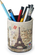 Vintage Pen Pencil Holder Cup, Retro Beige Desk Organizer for Home Office Living Room (Paris Eiffel Tower Round)