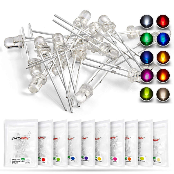 Chanzon 100pcs 3mm LED Diode Lights Assortment (10 Colors x 10pcs, Clear Transparent Lens) Emitting Lighting Bulb Kit