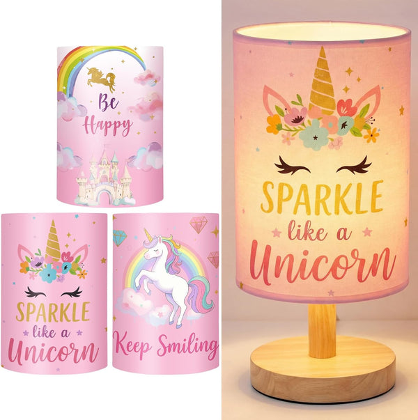 Tujoe 3 Pcs Interchangeable Unicorn Bedside Table Lamp Fabric Nightstand Table Lamp for