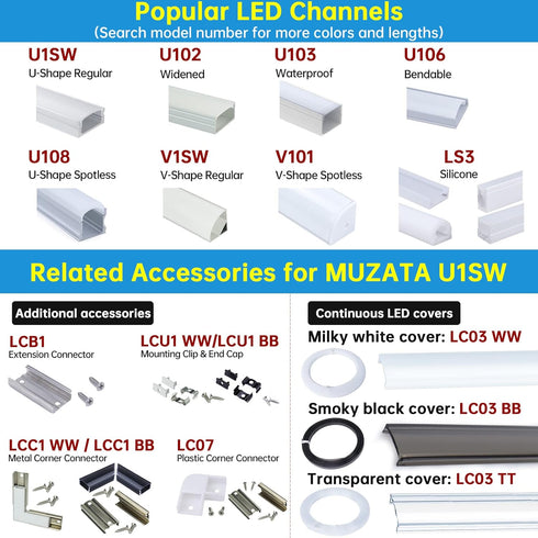 6Pack 3.3FT/1M U1SW 1M Muzata LED Channel Black Aluminum U Shape LED Strip Channel with Transparent Smoky Black Cover