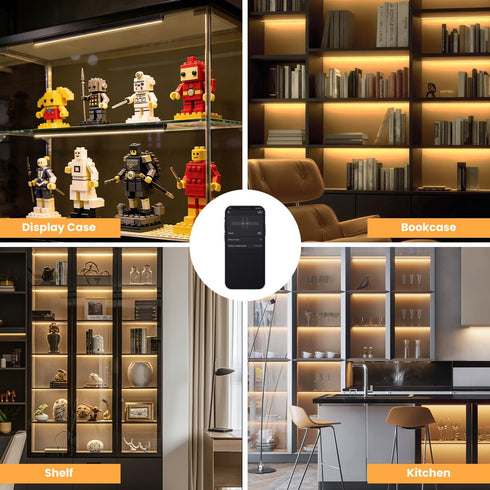 Lumtide Dimmable 2700K (4Pack 12In) Black Shelf Lights, LED Bookcase Lighting Compatible with Alexa, WiFi Under Shelf