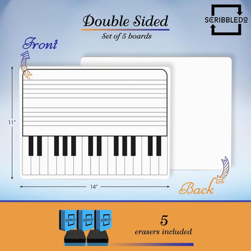 Scribbledo 5 Pack 11 x 14 Inch Piano Board Dry Erase White Boards, Double Sided Music Staff for Kids