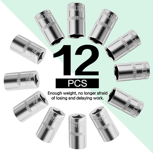 12-Piece 1/4" 10mm Set 6-Point, Durable Drive Socket Shallow, Cr-V Steel & Corrosion-Resistant