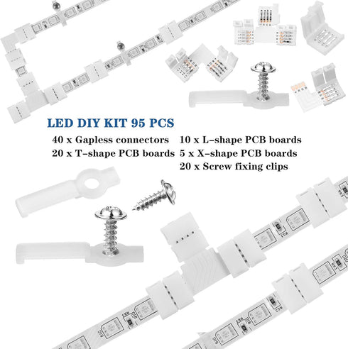 Mudder 95 Pieces 4 Pin LED Light Strip Connectors Set, Including Screw Clips, Cuttable T, L, and X Shape PCB Board
