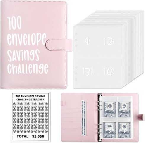 Money Saver Budget Binder Book with 100 Envelope Challenge Pouches, A5 Cash Budget Envelopes for Saving $5,050 Pink