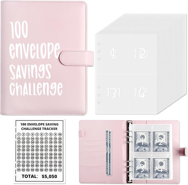 Money Saver Budget Binder Book with 100 Envelope Challenge Pouches, A5 Cash Budget Envelopes for Saving $5,050 Pink