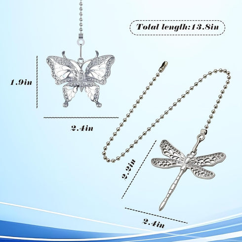 NovaPuff 2 Pack Silver Dragonfly and Butterfly Ceiling Fan Pull Chain, Beaded Light Core Extender Pendant Ornaments