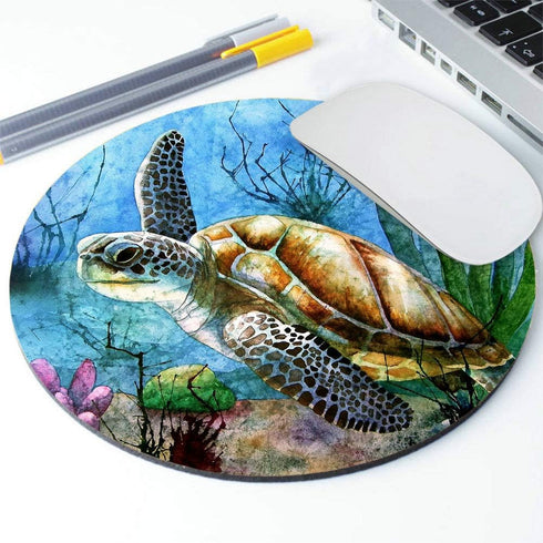 Sea Turtle Lonely Swim Oil Painting Mousepad, Custom Round Mouse Pad 7.9 x 7.9 x 0.12 Inch