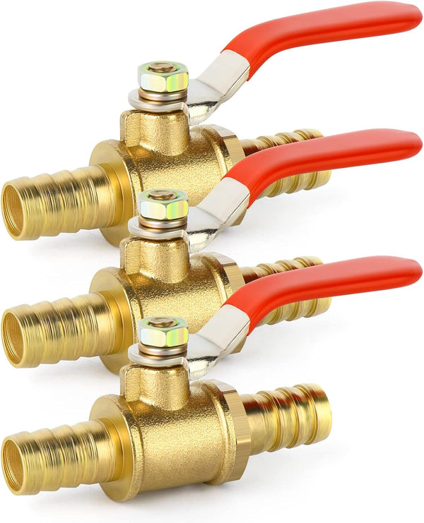 GASHER 3PCS 3/8 Inch Heavy Duty Brass Ball Valve Hose Barb with 180 Degree Operation Handle