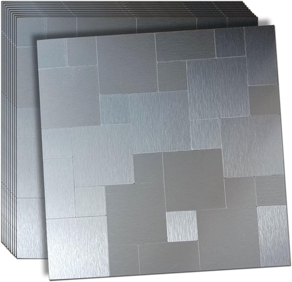 XUANINY Peel and Stick Metal Backsplash Tiles, Self Adhesive Aluminum Mosaic 3D Wall Sticker for Kitchen (Brushed