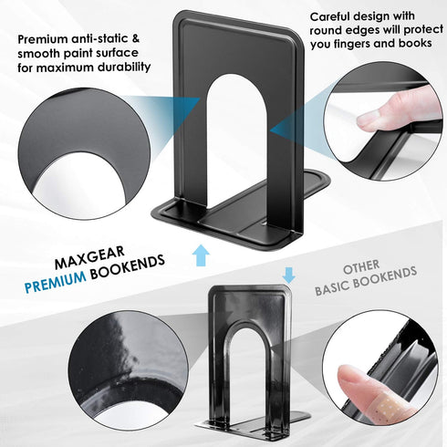 MaxGear Premium Matte Painted Book Ends, Heavy Duty Non-Skid Metal Book End Stopper for Books/CDs/DVDs, Black, 2 Pairs