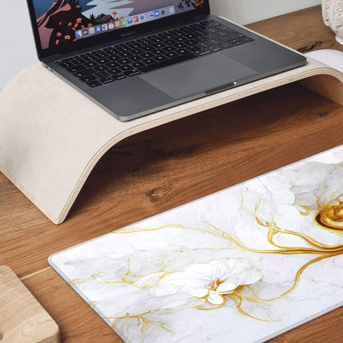 Office Home White Gold Marble Flower Desk Pad, 31.5"×11.8" Large Gaming Mouse Pad, Waterproof Thick Non-Slip