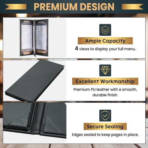 6 Pack 4 4.25" 11" View Menu Holder Menu Covers x | Black PU Leather Menu Sleeves Book Style for Restaurant Coffee Bars