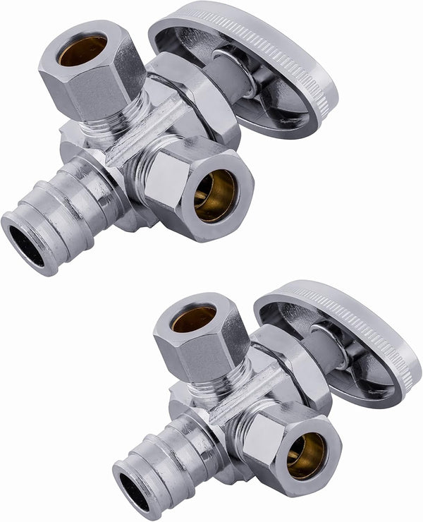 (Pack of 2) EFIELD Multi-turn Dual Outlet Angle Stop Valve, 1/2" Expansion F1960 Pex-a Pipe Inlet x (3/8 inch x 3/8